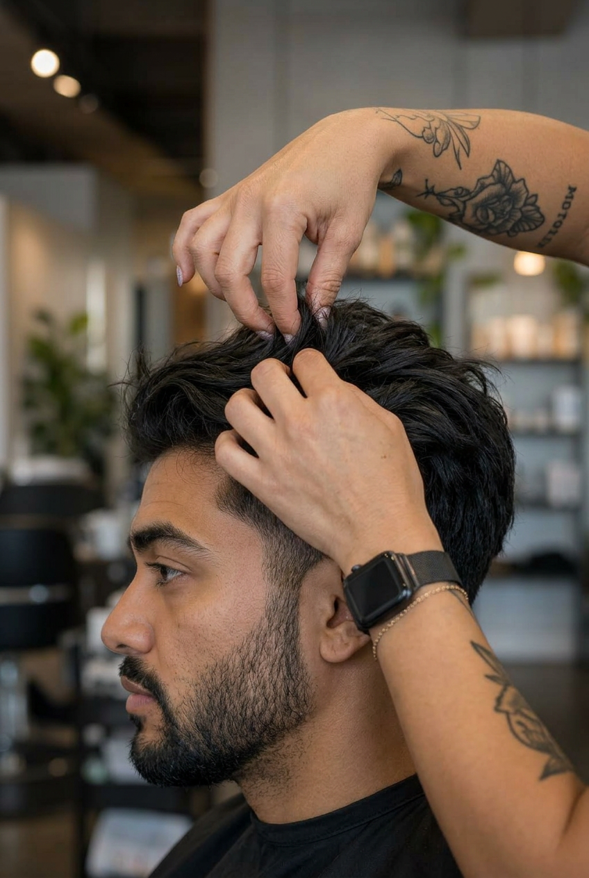Stylist shaping a client's haircut in the salon